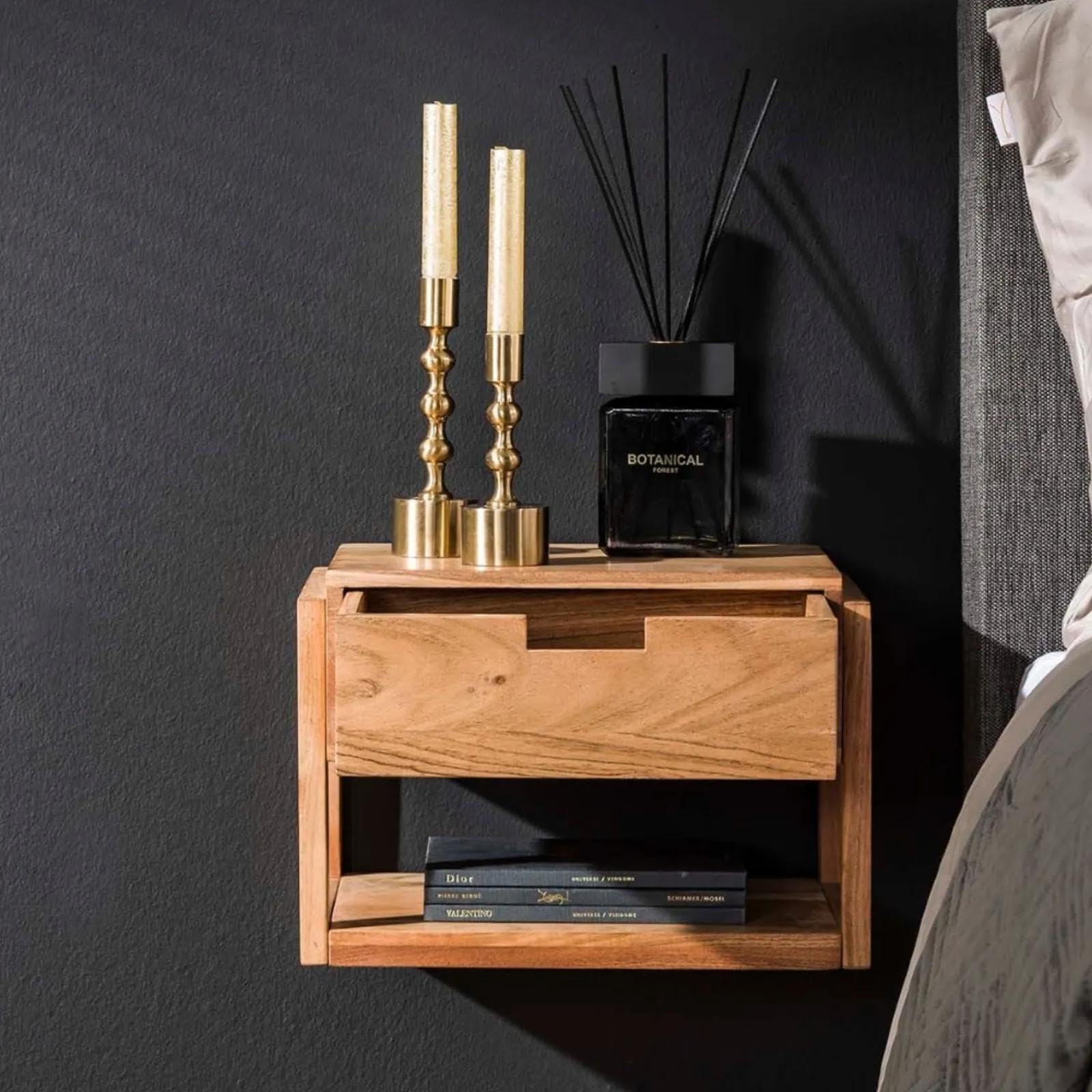 RINGO-Living Massivholz Nachttisch Schwebend Mit Ablage & Schublade, Akazie Industrie Stauraum Vintage Style, Nachtschrank Holz, Echtholz