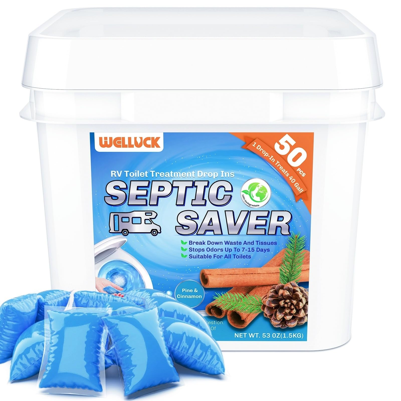 WELLUCK RV Toilet Treatment Drop-Ins, 50 Pack - 50 Week Supply Black Tank Deodorizer | Breaks Down Waste &amp; Tissue | Septic Safe Treatment for RV, Camper, Marine Toilet | Pine &amp; Cinnamon Scents