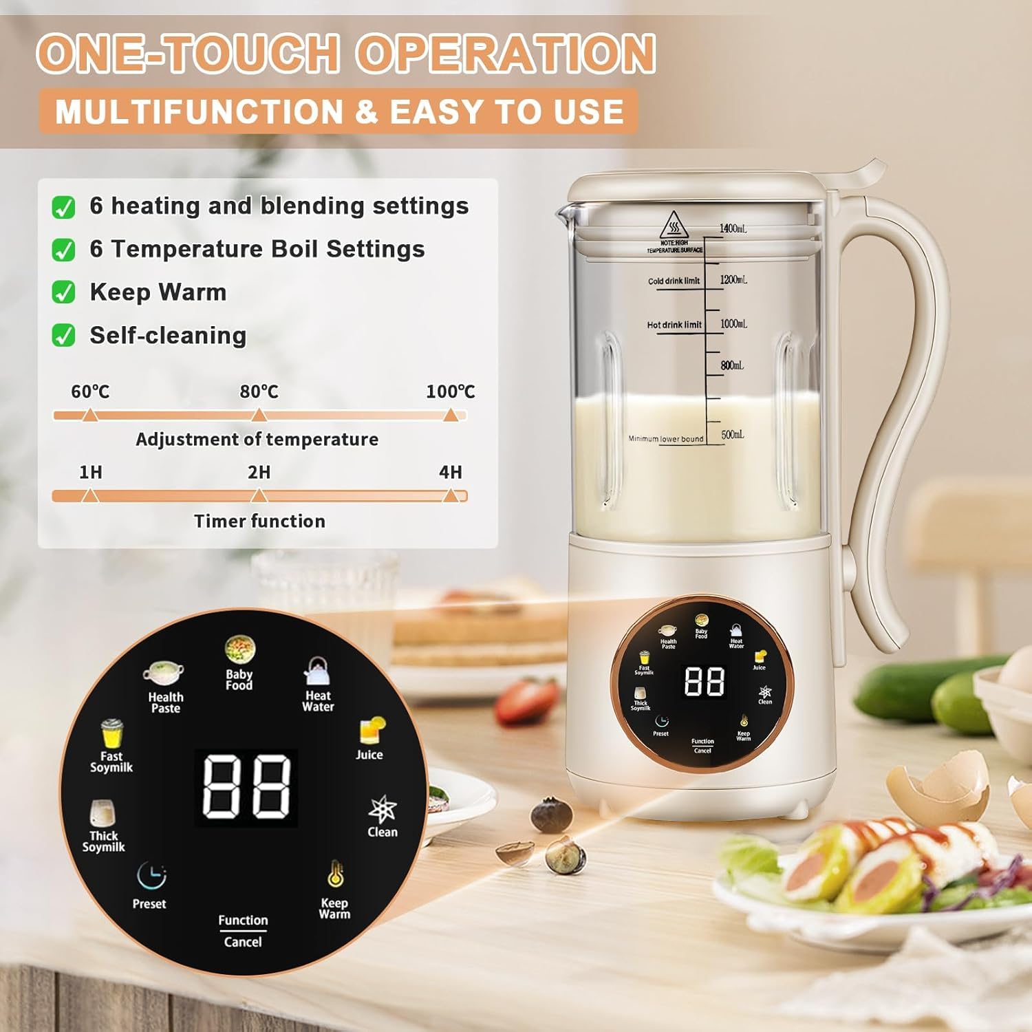 Automatischer Sojamilchbereiter, 1400 ml, mit 12-Stunden-Reservierung, Warmhalten & Wärme, Nussmilchmaschine für hausgemachte Hafermilch, Saft, Mandeln, Sojabohnen