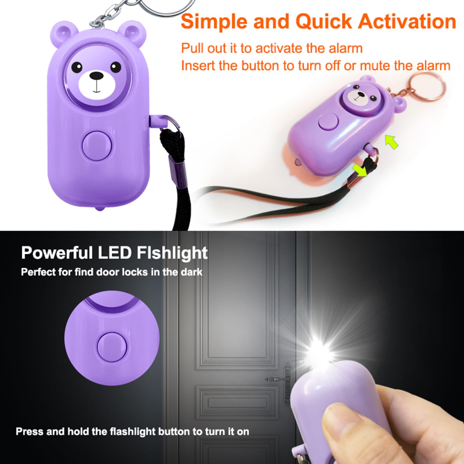 Portachiavi con allarme personale, 130 dB, autodifesa, per donne, ragazze, bambini, anziani, multifunzione, con luce LED, simpatica sirena portatile di sicurezza (viola)