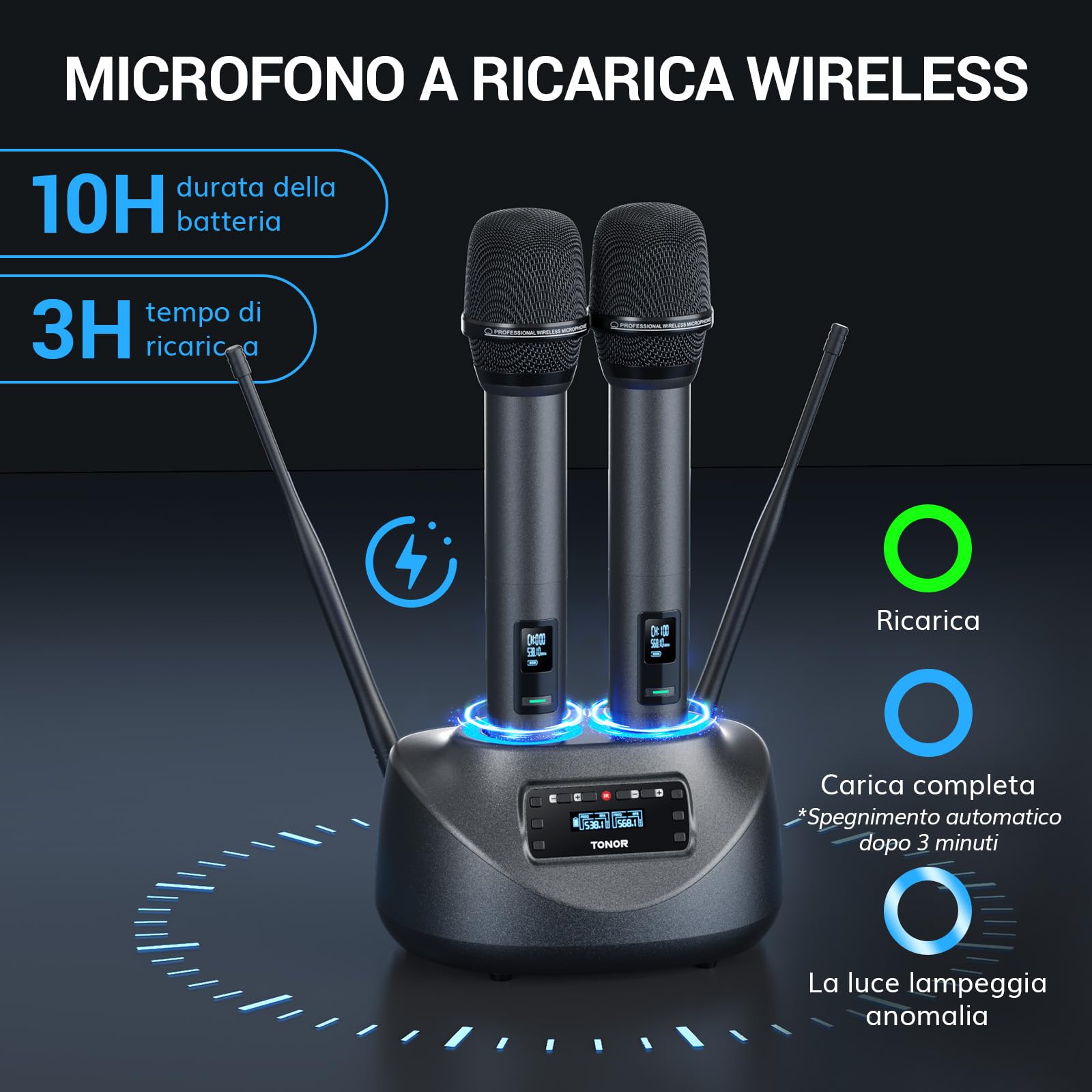 TONOR Microfono Wireless Ricaricabile, Sistema Doppio Microfono Palmare UHF in Metallo con Ricevitore Bluetooth, Portata UHF 80 m per Karaoke Domestico, Chiesa, Feste, DJ, Matrimoni TW790 Nero