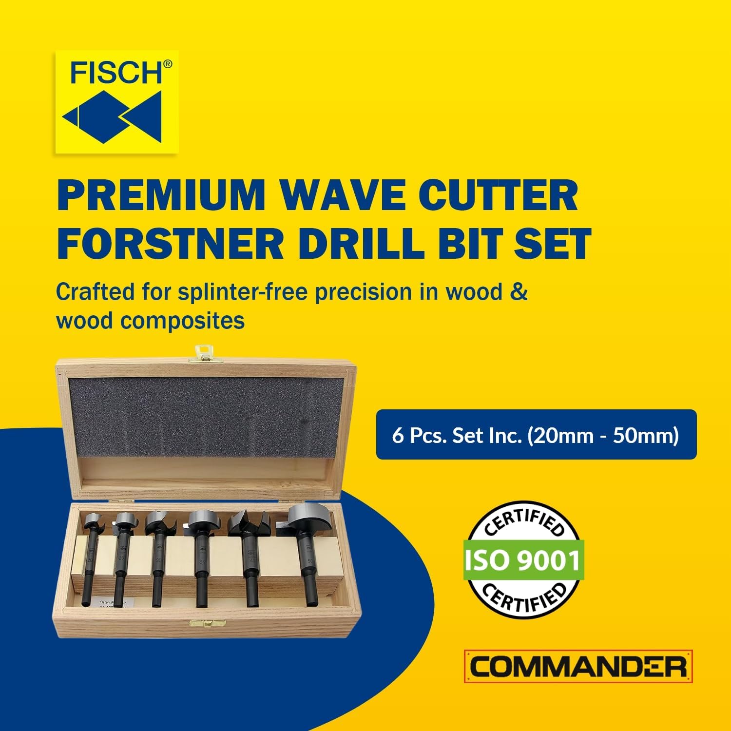 Fisch Wave Cutter Forstner Drill Bit Box Set, 6-Piece Pro Grade Woodworking, Cabinet Markers 3.6X Faster Cutting Tool Set Smooth, Splinter-Free Cutting, Forged Steel, Austria, (20mm - 50mm)