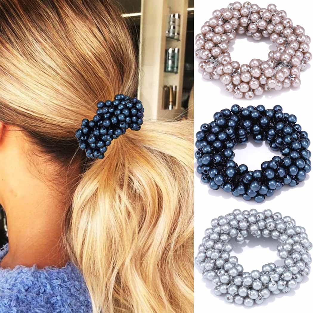 Reaky Pearl Hair Tie Blue Beaded Ponytail Holders Fancy Hair Scrunchies Decorative Hair Accessories for Women