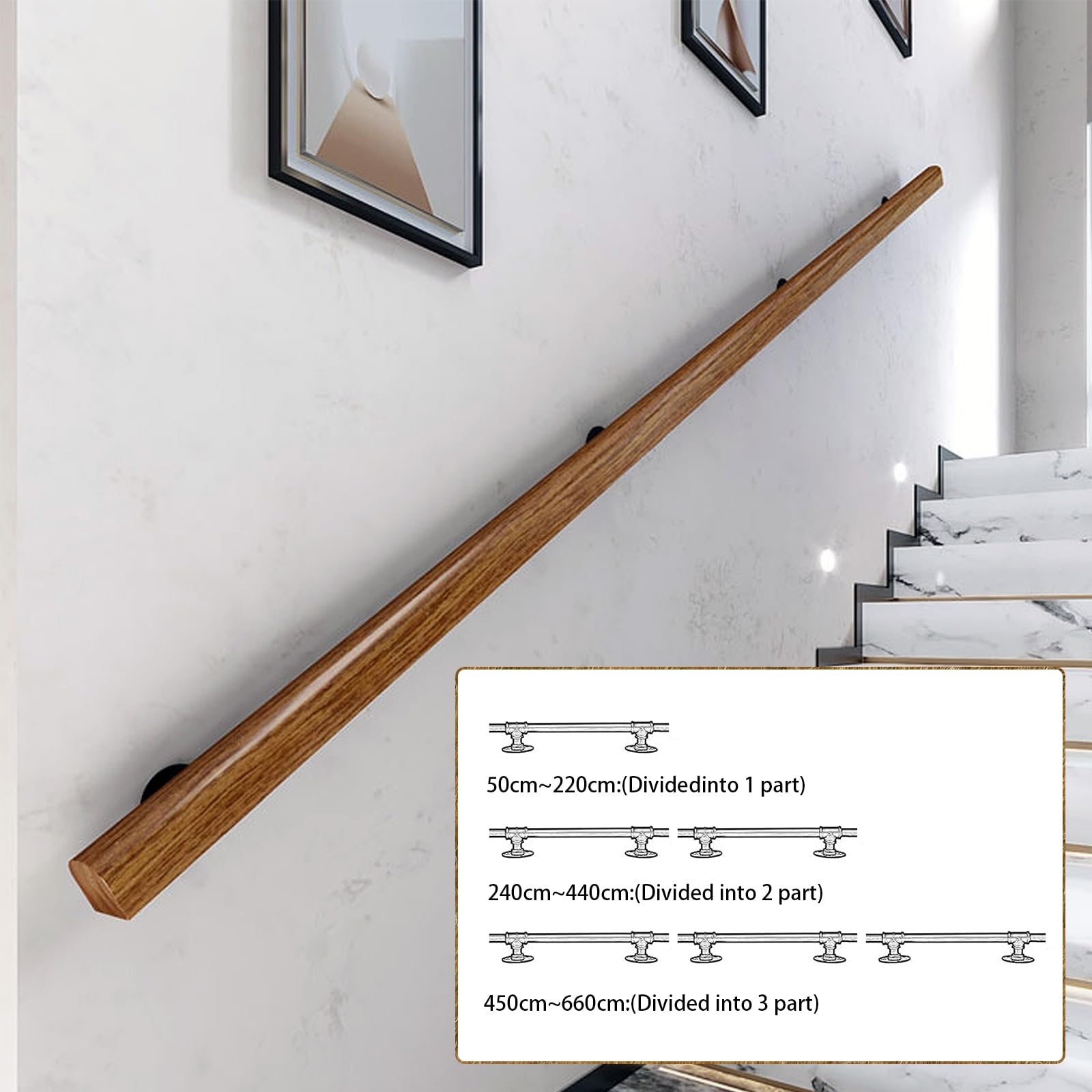 Pasamanos De Madera Redondo, Barandilla De Escalera Interiores, Antideslizante Barra De Soporte para Pasillo con Kit Completo, De 50-400 cm, Con 2 Soportes Para Ancianos (madera, 180cm)