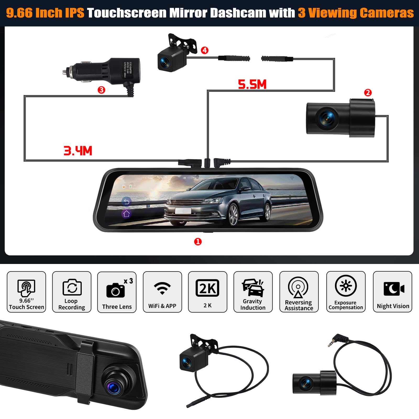 CAMECHO 9.66 Pollici 2K Mirror Dashcam Auto con 2 Telecamere 1080P, Anteriore 150° e Posteriore Dash Cam 120° con Linea inversa, Visione Notturna, Sensore G, Scheda da 64 GB WIFI APP