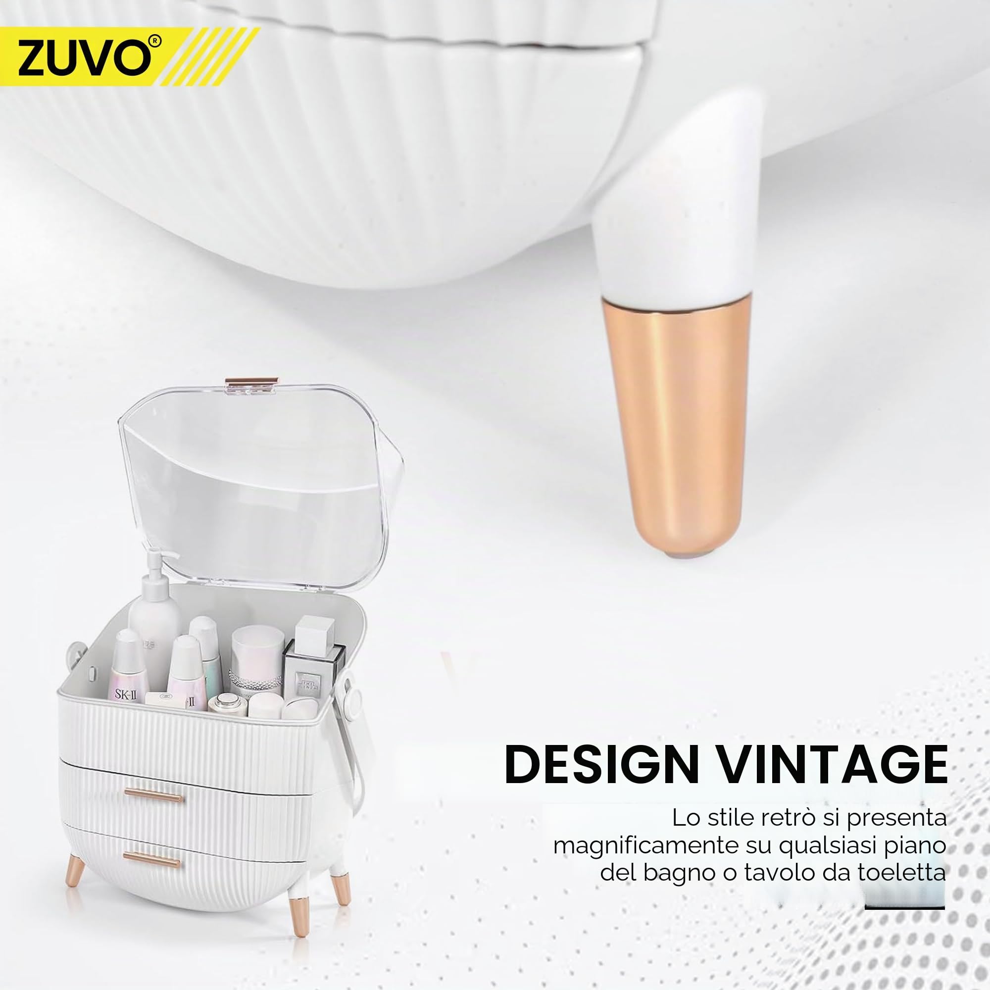 Zuvo Organizer per trucchi con 2 grandi cassetti, espandibile per cosmetici e prodotti per la cura della pelle e la toeletta, colore bianco, elegante e durevole
