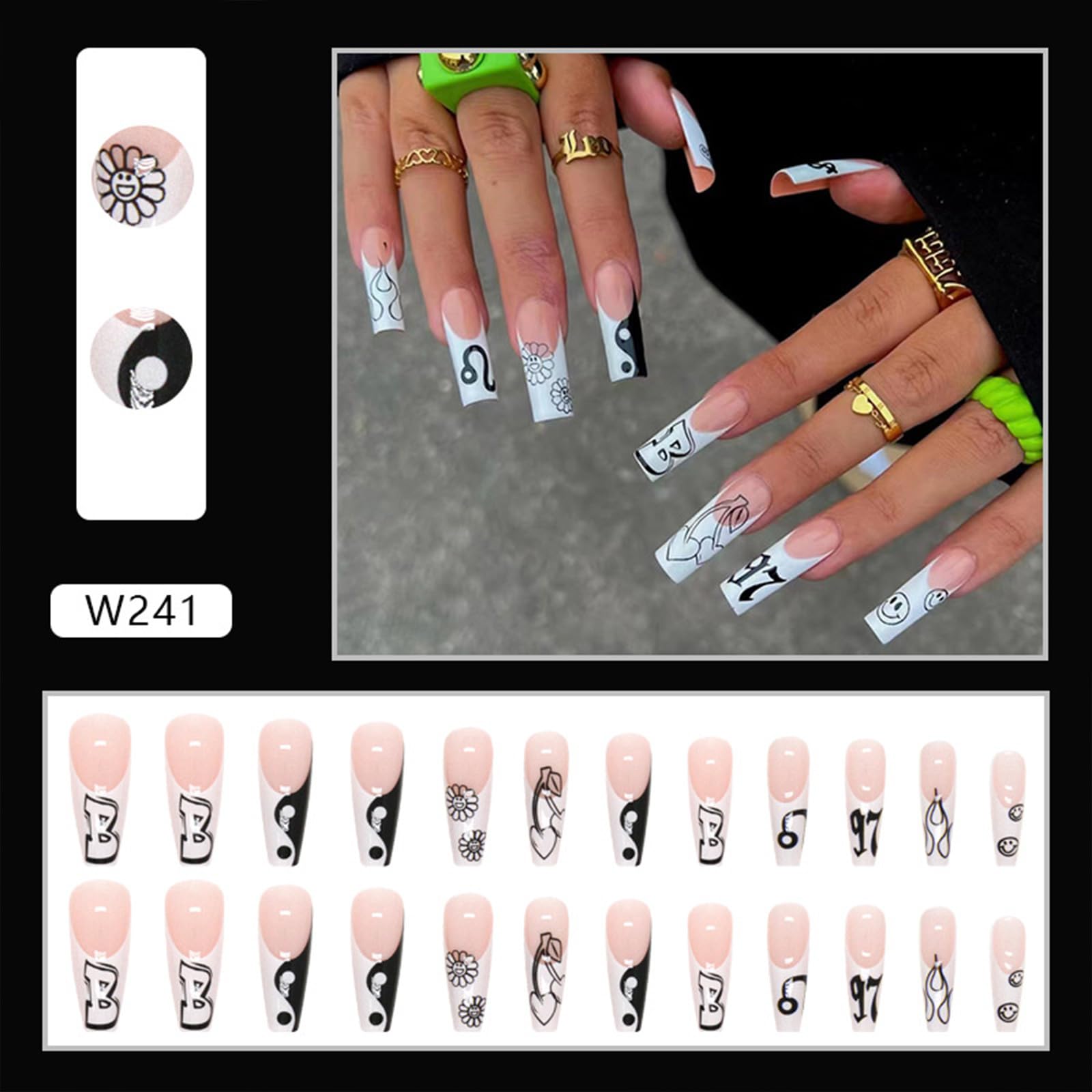 French Almond Fake Nails,Cute Acrylic Nails,Fake Nails with Pentagram,Nude Ladies Artificial Nails 24 pcs: Black and White Collocation