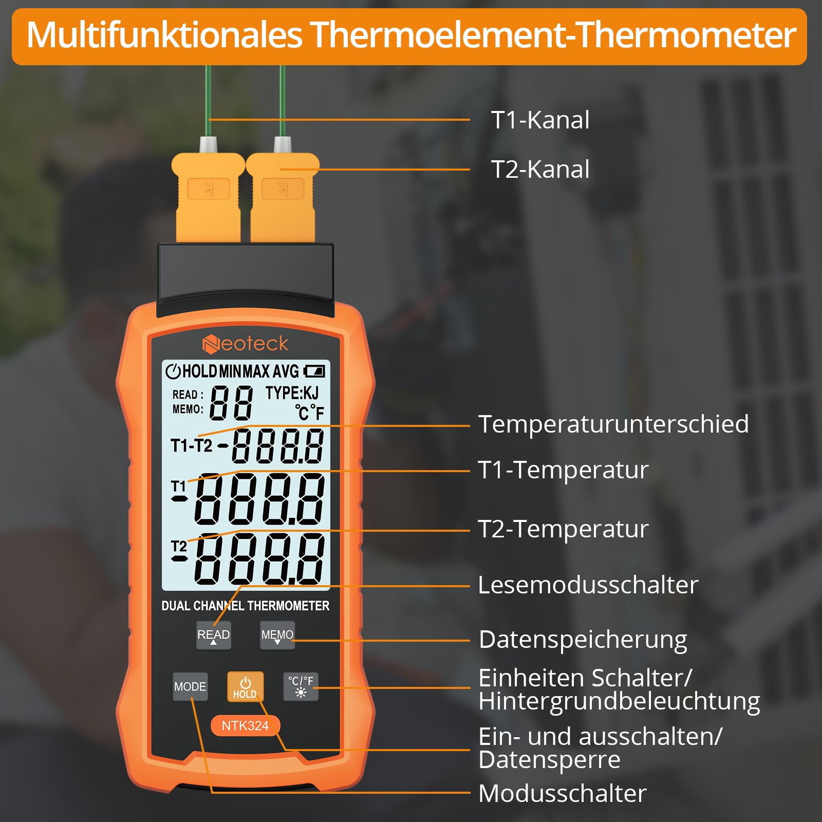 Neoteck Digital Thermoelement Thermometer Dual Kanal K/J Digitales Thermometer mit 4 Thermoelementen -50~1300°C Zweikanal-Temperaturmessgerät für HLK, Automobilen, elektrischer Wartung