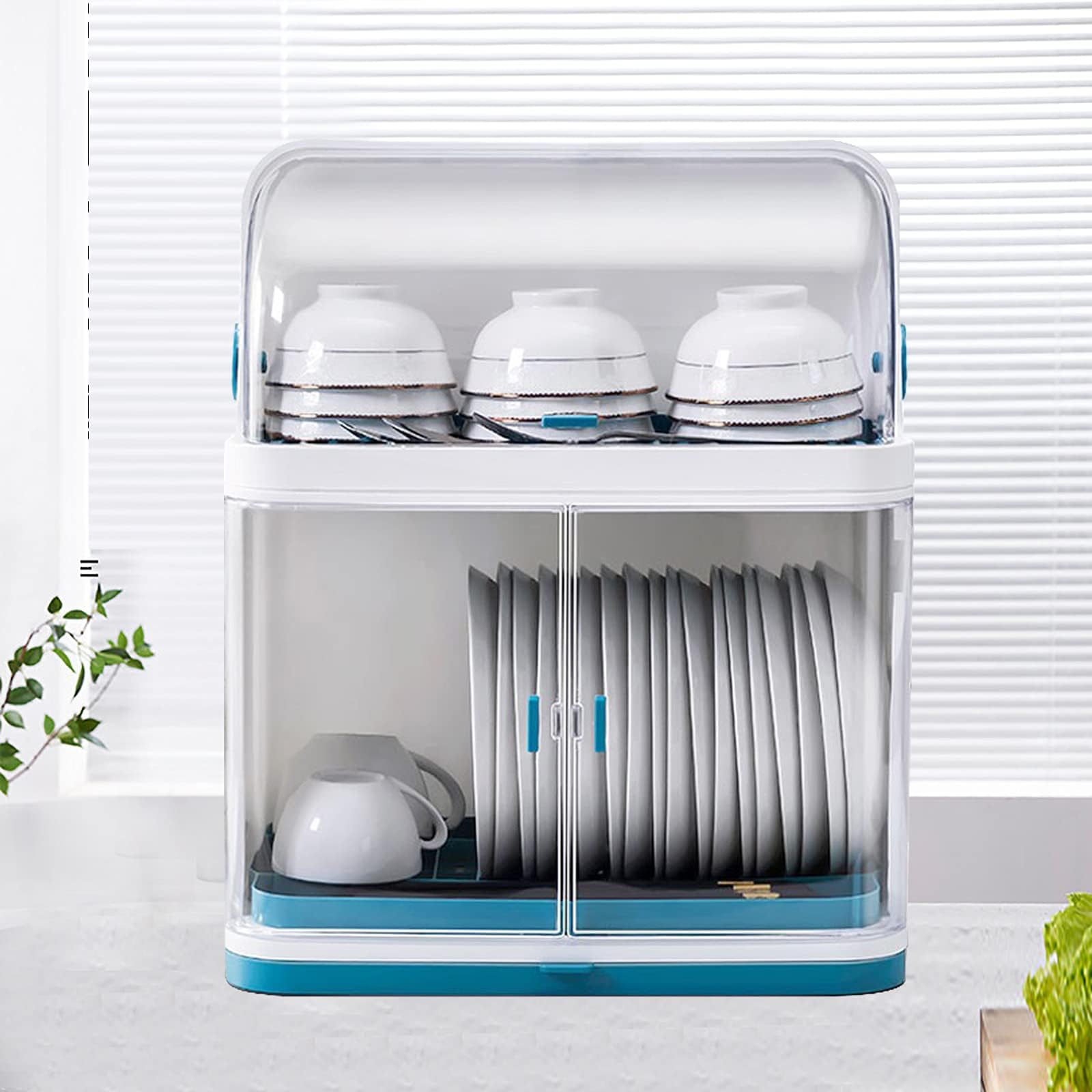 Rejilla para Platos De 2 Niveles con Tapa, Organizador De PláStico para Armarios De Cocina, Rejilla para Secar Platos, Rejilla para Platos Y Cuencos Que Ahorra Espacio