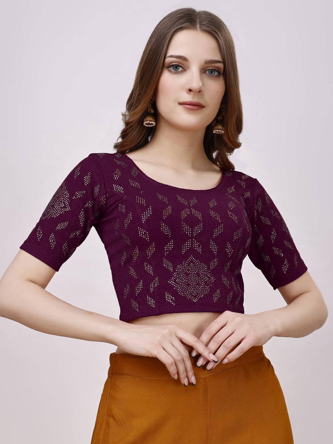 Pujia Mills Women's Readymade Hosiery Lycra Stretchable Round Neck Half Sleeve Blouse With Swaroski Work Fancy Lycra Stretchable Wine Blouse For Women Readymade Saree Blouse