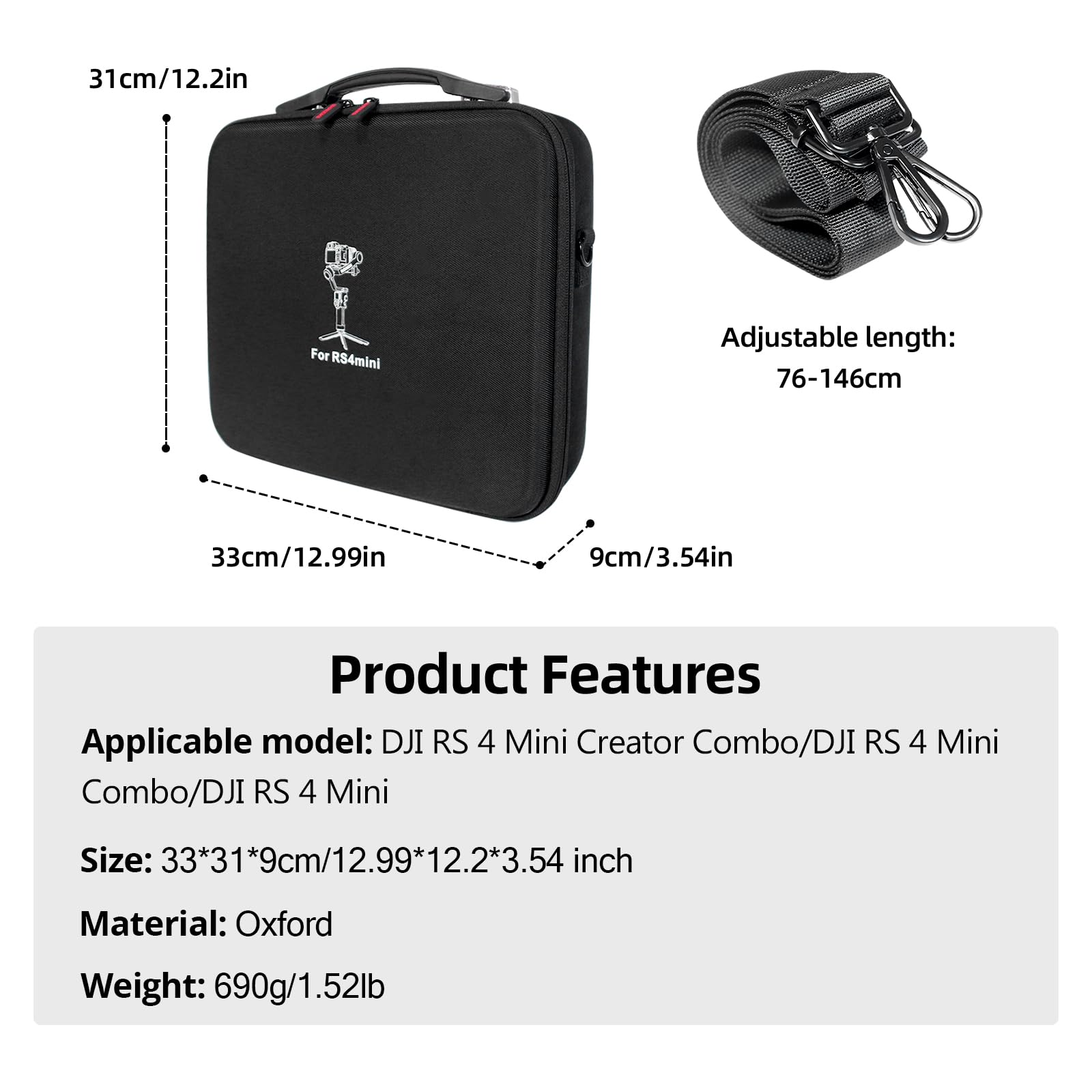 Custodia per DJI RS 4 Mini, Custodia portatile impermeabile per DJI RS 4 Mini Creator Combo con cintura per la spalla（Nero）