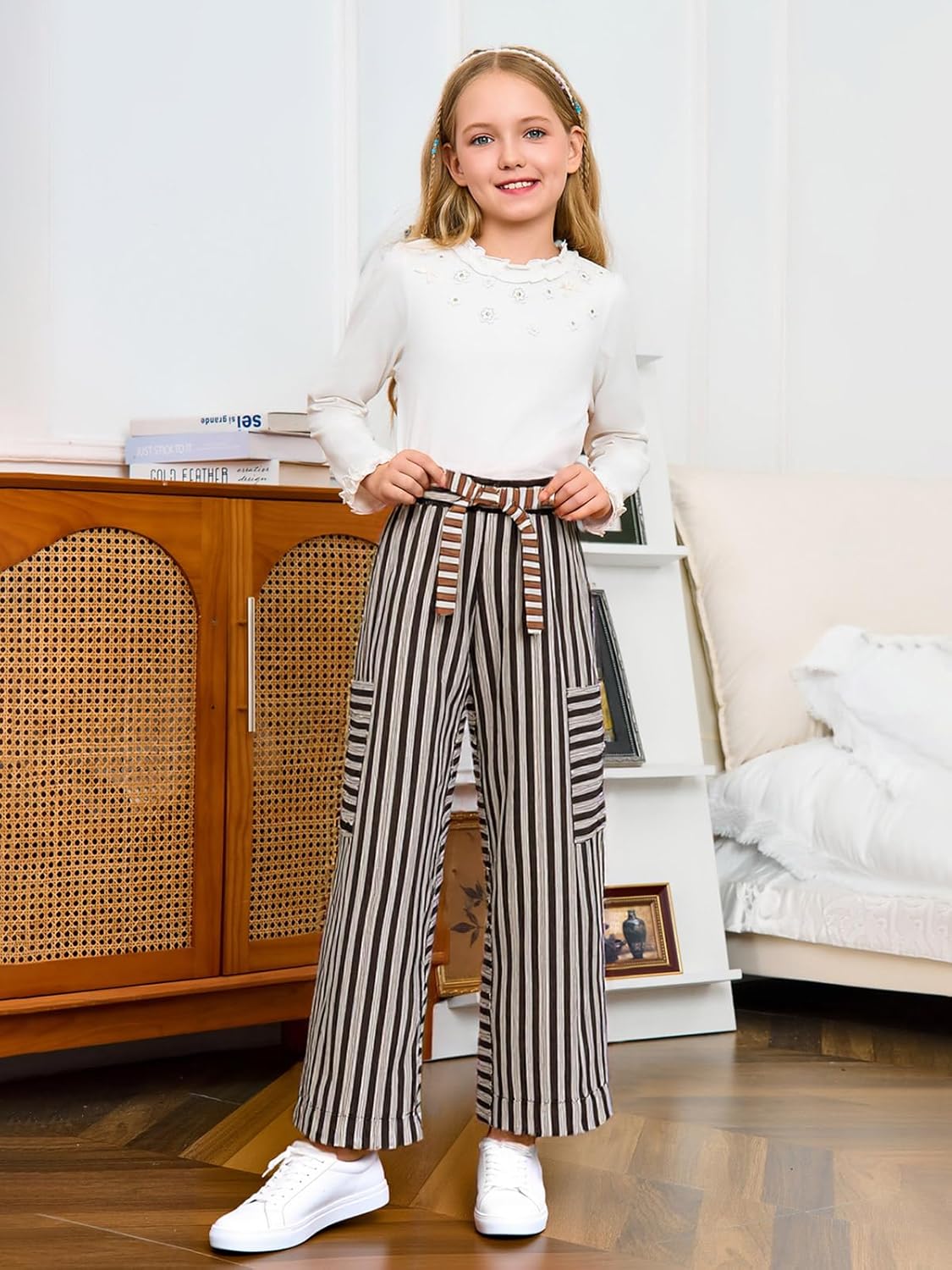 Haloumoning Girls Striped Wide Leg Pants Kids Elastic Loose Palazzo Pants Lounge Trousers with Pockets 5-14 Years - Image 4