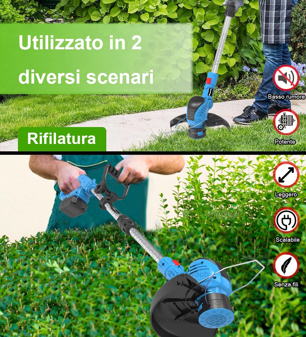 Wrneaoch 21V Decespugliatore a Batteria Elettrico con 12.000 RPM e motore da 850W Tagliabordi a Batteria con 2 Batterie da 4,0 Ah è Ideale per Tagliare l'erba in Modo Efficace e Senza Sforzo