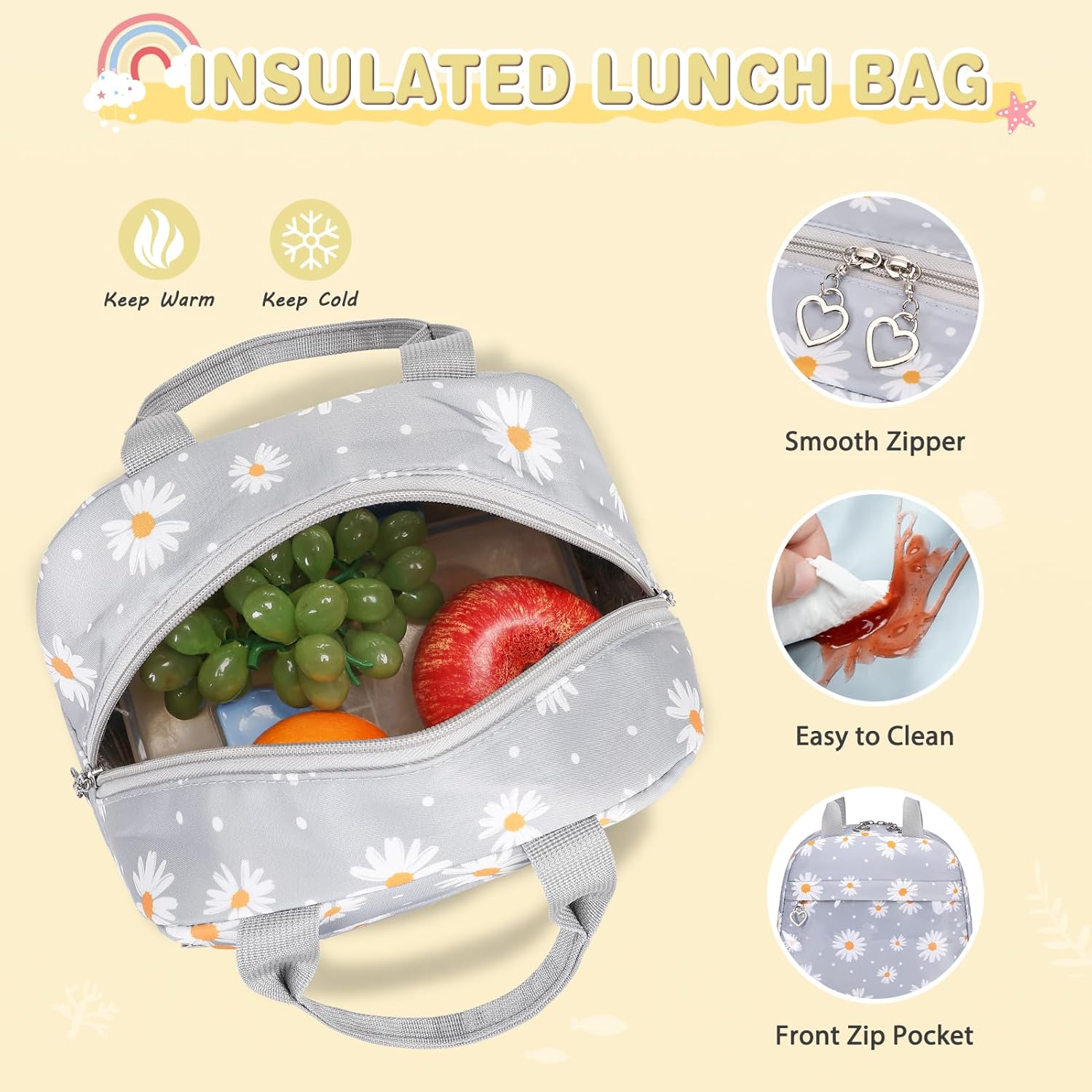 Girls Backpack - Bento Box with Insulated Lunch Bag Pencil Case & Utensils Set for Kids, 6 Leakproof Compartments Removable Tray Lunches or Snack Container for School (Gray Daisy) - Image 6