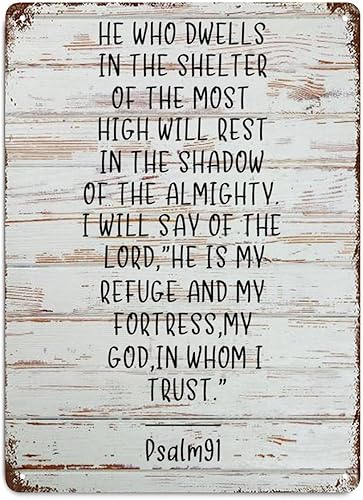 LUIJORGY Letrero de metal con letras familiares con versículo bíblico, cita del Salmo 91 de grano de madera, letrero de aluminio vintage para bar,