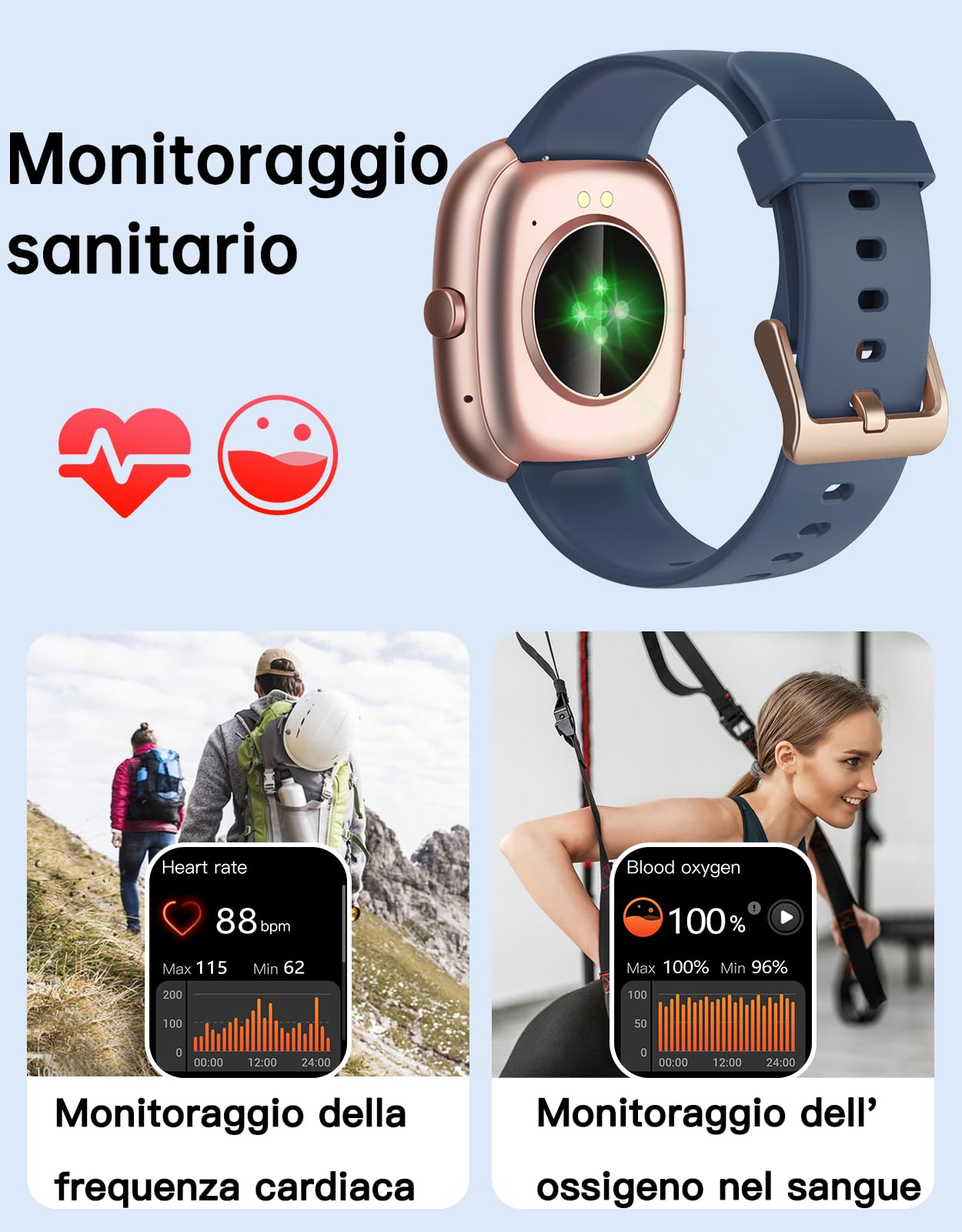 GUIJITUO Smartwatch Uomo Donna Risponde Chiamate Notifiche Messaggi per Android iOS Orologio Sport Contapassi da Polso Frequenza Cardiaca Ossigeno Sangue Activity Tracker per Running Fitness Blu
