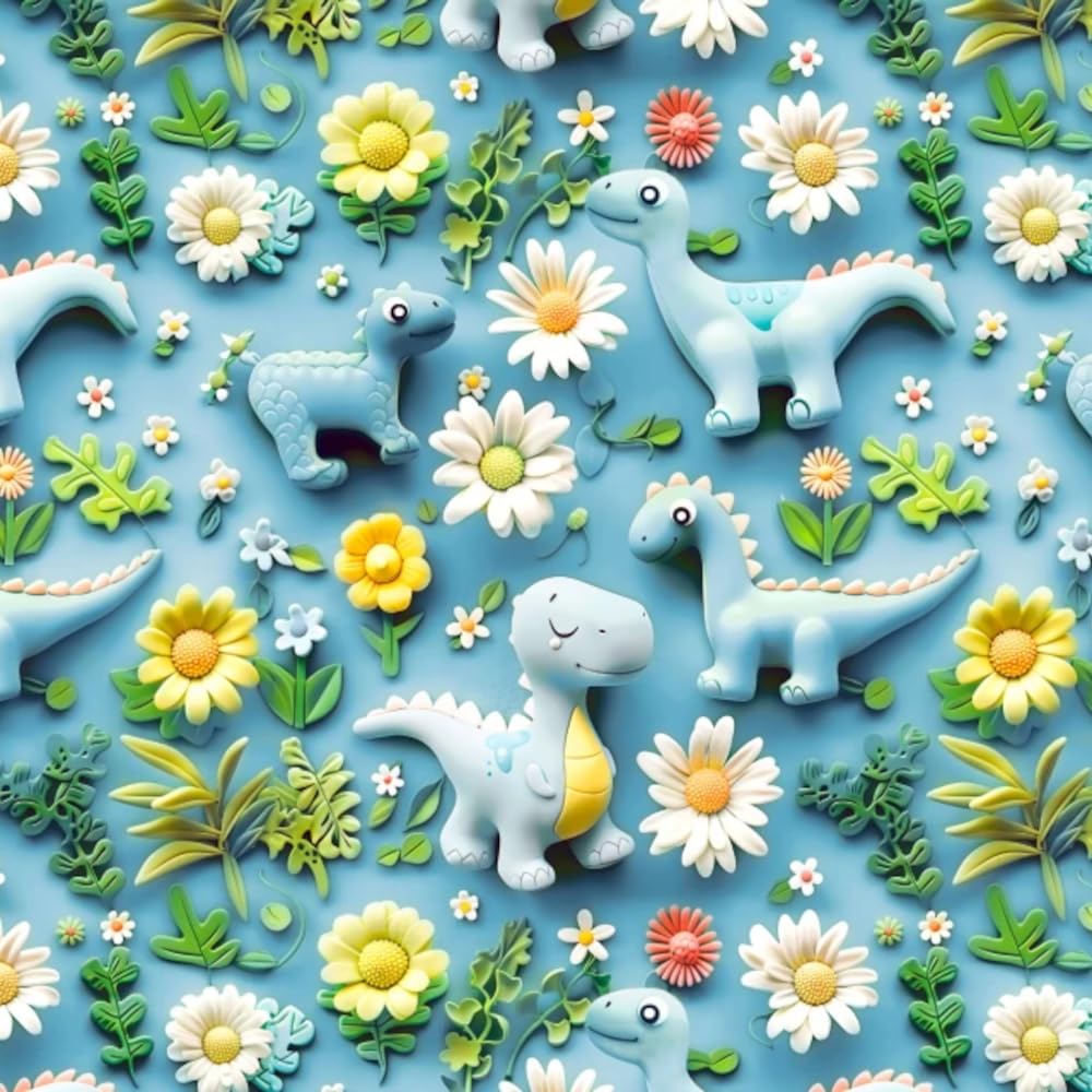 100% Cotton Digital 3D Fabric Dino Dinosaurs Floral 149cm Wide (Price Per Metre)