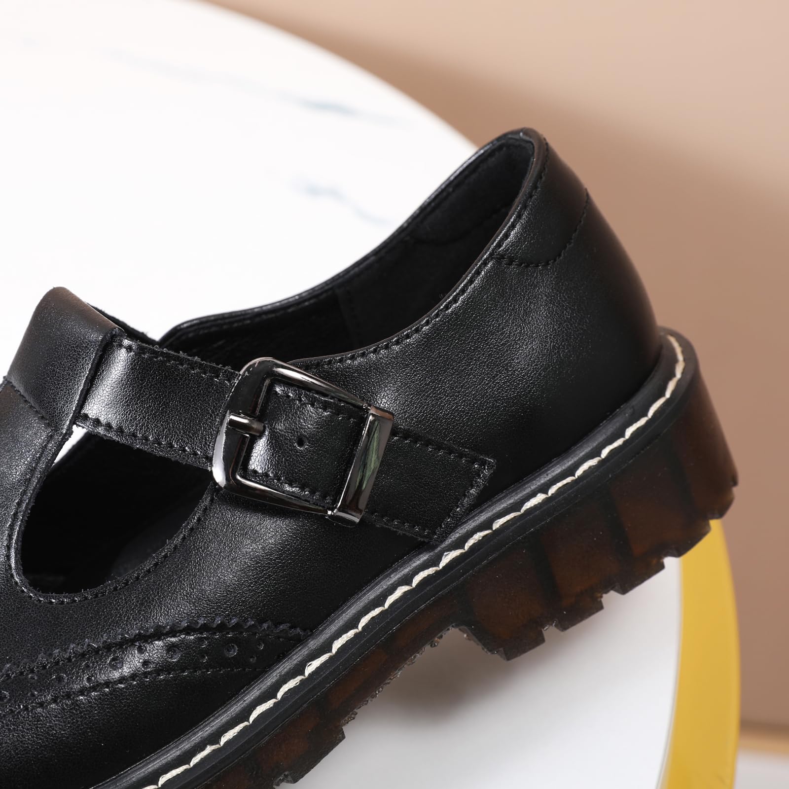 XMM Mary Jane Shoes Women Oxford Shoes Leather Round Toe Flats Non-Slip Ankle Buckle Strap Comfort Casual Dressy Cosplay Party School Work Shoes: 8.5 257 Black