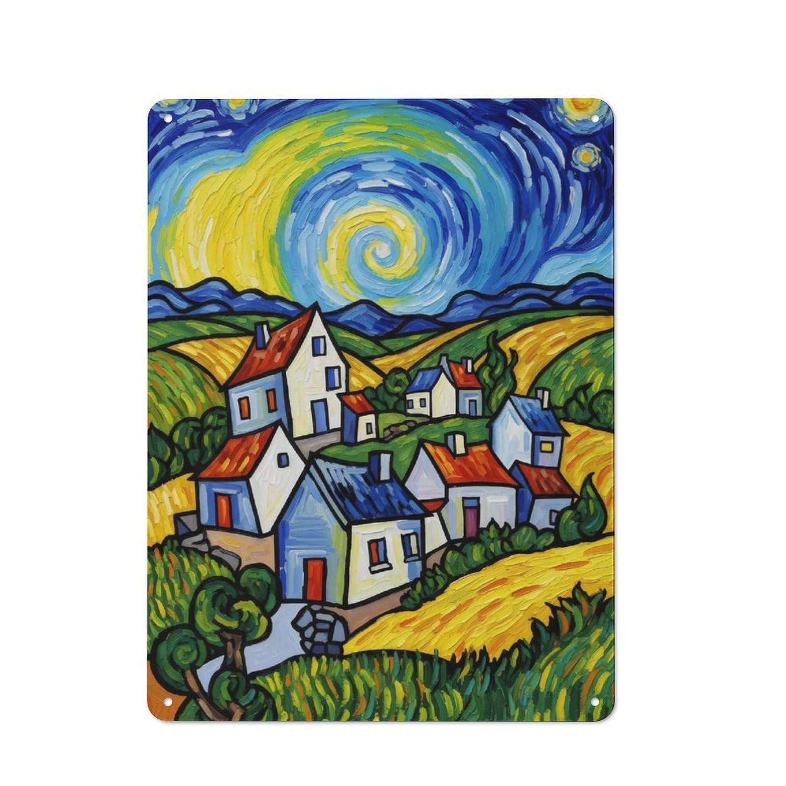 Junmoney Stylized Village Landscape Painting Rustic Tin Sign 40X30cm, Garden Style Garden Room Wall Plaque For Conservatory, Home Bar Or Utility Room