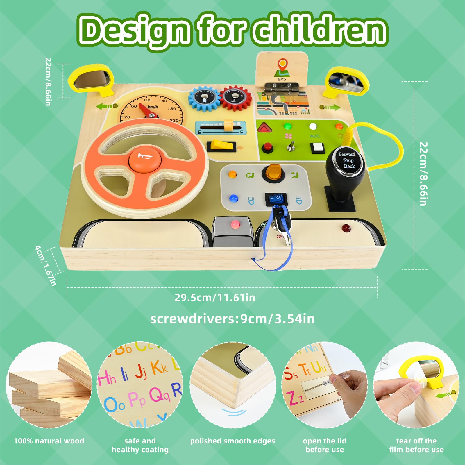 Ulikey Volant Analogique Montessori, Tableau Busy Board en Bois pour Bébés, Planche Occupée avec Volant Simulé et Interrupteurs Lumineux à LED, Enfants Activity Board Jouets avec Lettres