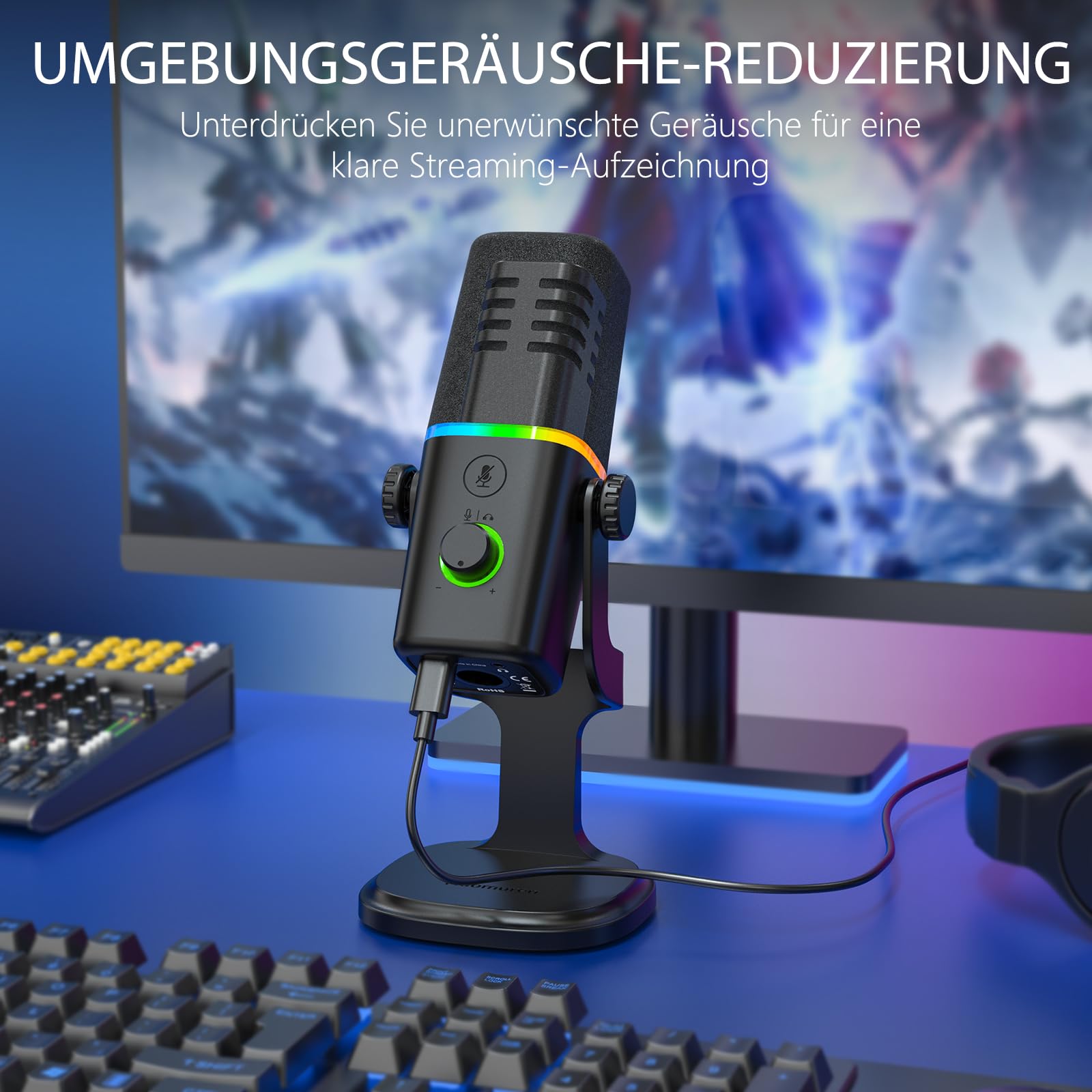 Haomuren Dynamisches Mikrofon XLR/USB für Gaming-Podcast, für *Phone,Telefon,PC,Gaming-Streaming-Mikrofon mit RGB-Licht, Stummschalttaste, Mikrofonverstärkung, Desktop-Ständer, Singen, YouTube