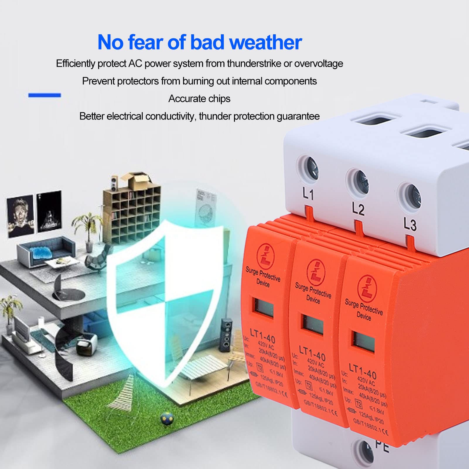 3P Home Protector Protective Device AC 420V 20?40KA 36mm DIN Rail Protector for Lightning Submission Device