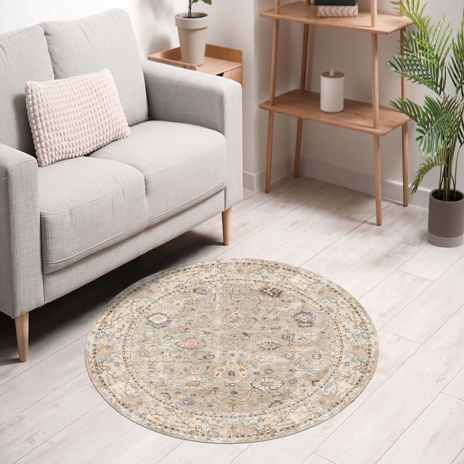 bamyum Monty Dywan z nadrukiem szenilowym 200 x 200 cm, zmywalny beżowy dywan do salonu, dywan do sypialni w stylu vintage, antypoślizgowy, antybakteryjny dywanik kuchenny
