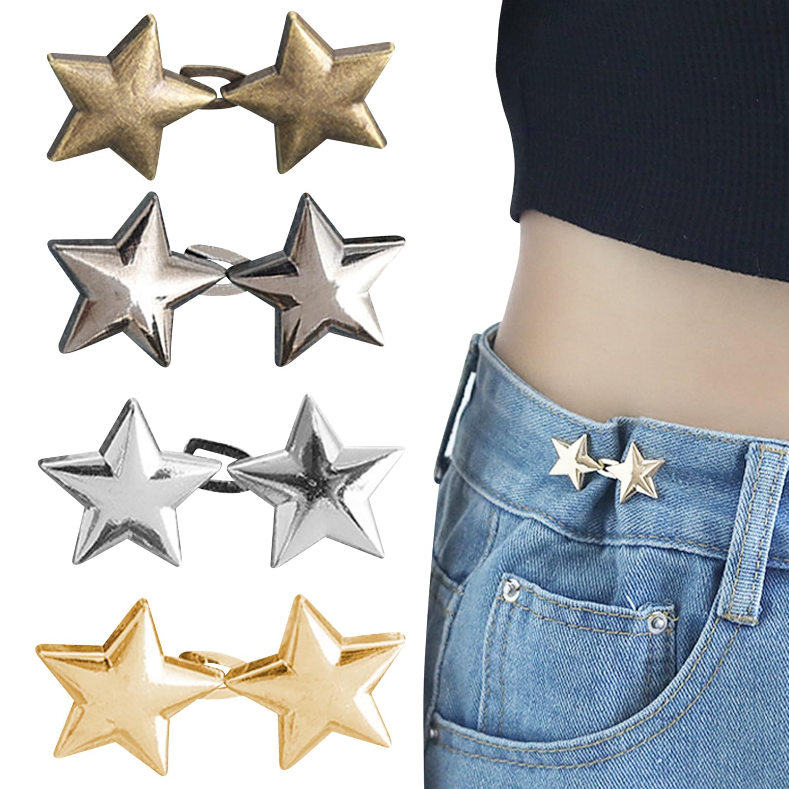 4 Pairs Waist Tightener Clips Star Jean Waist Tightener Pants Clips to Tighten Waist No Sew Adjustable Button Pins Reusable Tightener Detachable Buttons, Button Adjuster for Jeans, Pants, Skirts