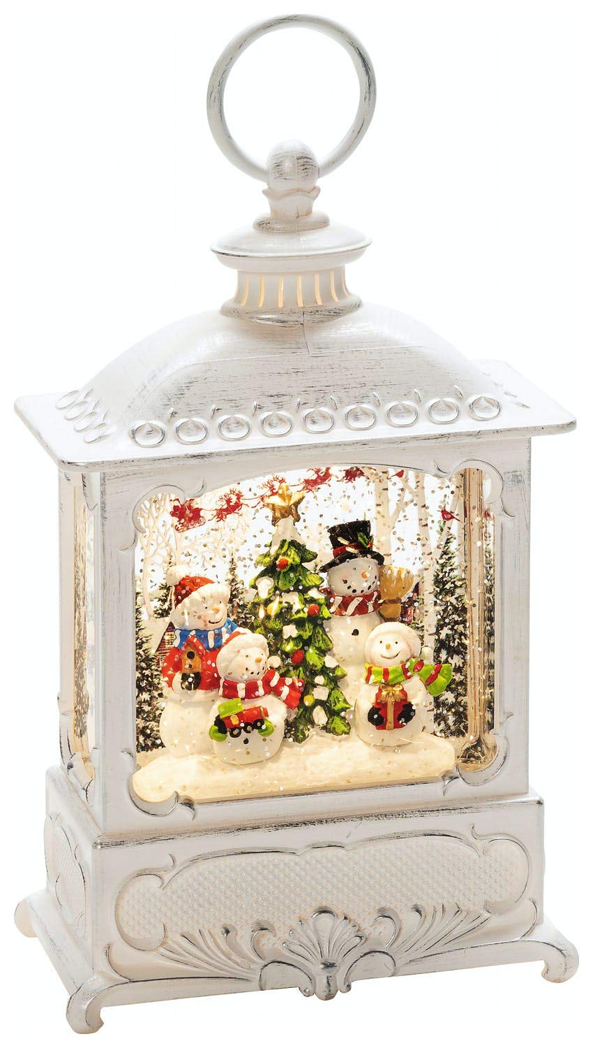 Konstsmide Water Filled LED Lantern : White with Snowmen & Christmas Tree : Battery with Timer