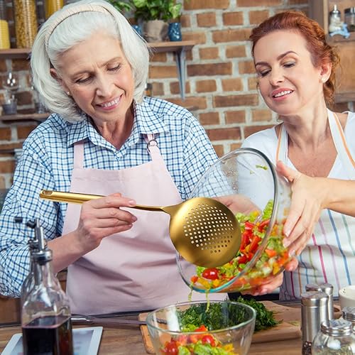 Miniatura 7 de Espumador de cocina de acero inoxidable dorado resistente, cuchara ranurada, con mango cómodo y agujeros para colgar, fácil de almacenar y apto para