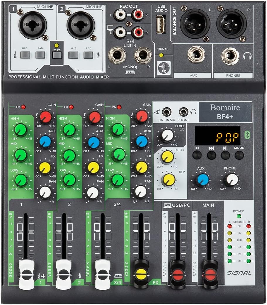 BF4+ Mini audio DJ mixer Sound Board Console System,4 Channel 48V Phantom Power with Bluetooth USB MP3 Stereo live DJ Studio Streaming for professional computer recording party KTV stage
