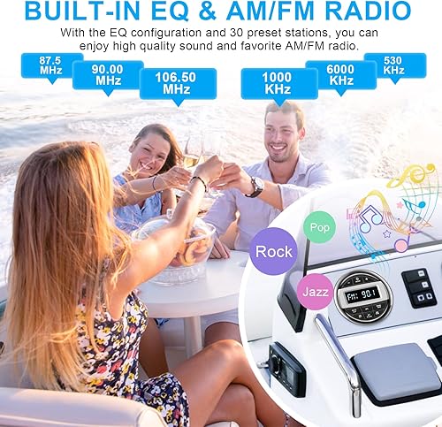 Miniatura 4 de Receptor de radio de barco marino Bluetooth: Sistema estéreo de calibre marino impermeable - Pantalla LCD HD AM FM sintonizador MP3 AUX-in USB EQ
