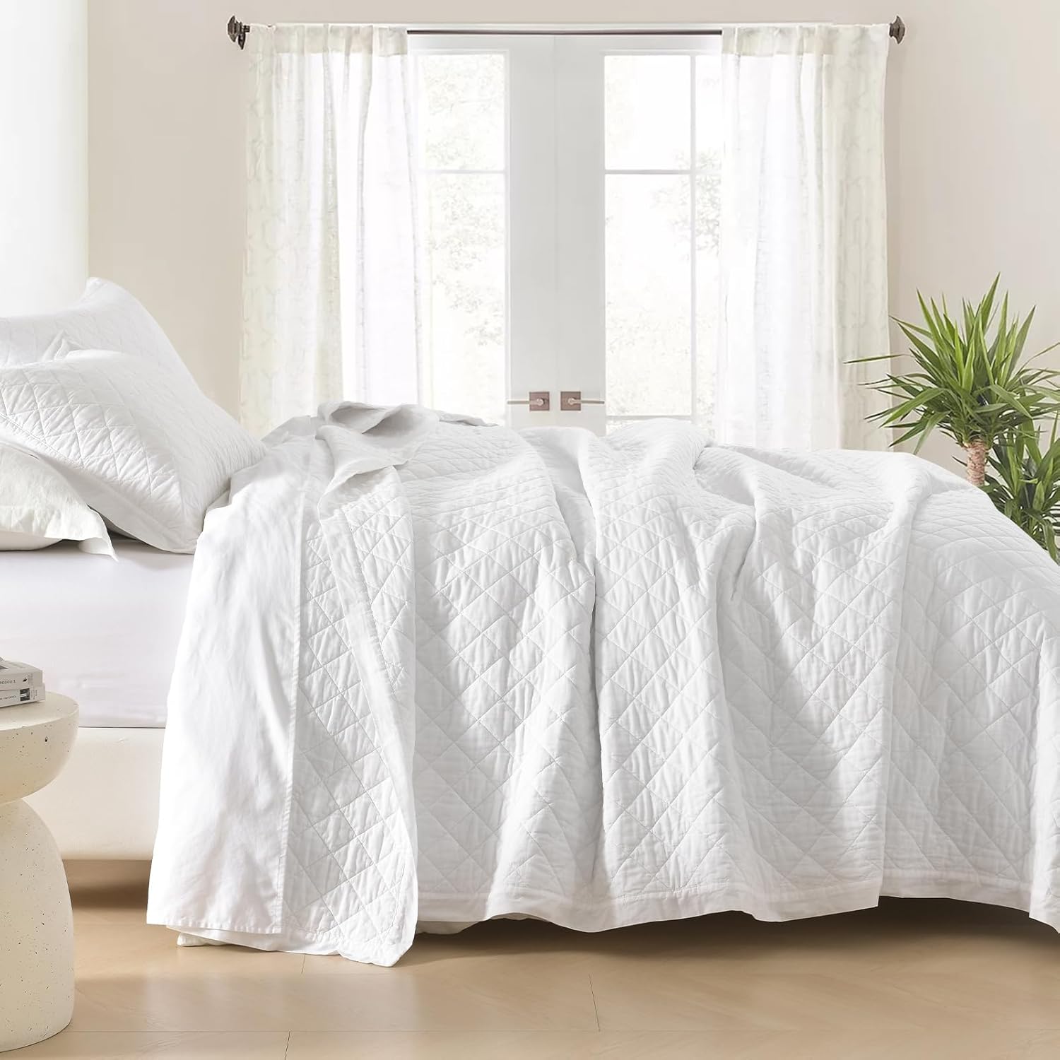 Finlonte King Size Quilt Set, 100% Cotton Solid White Color Quilts King Size, Diamond Pattern Bedspread, Stitching Lightweight Soft King Quilted Comforter All Season, 3 Pieces