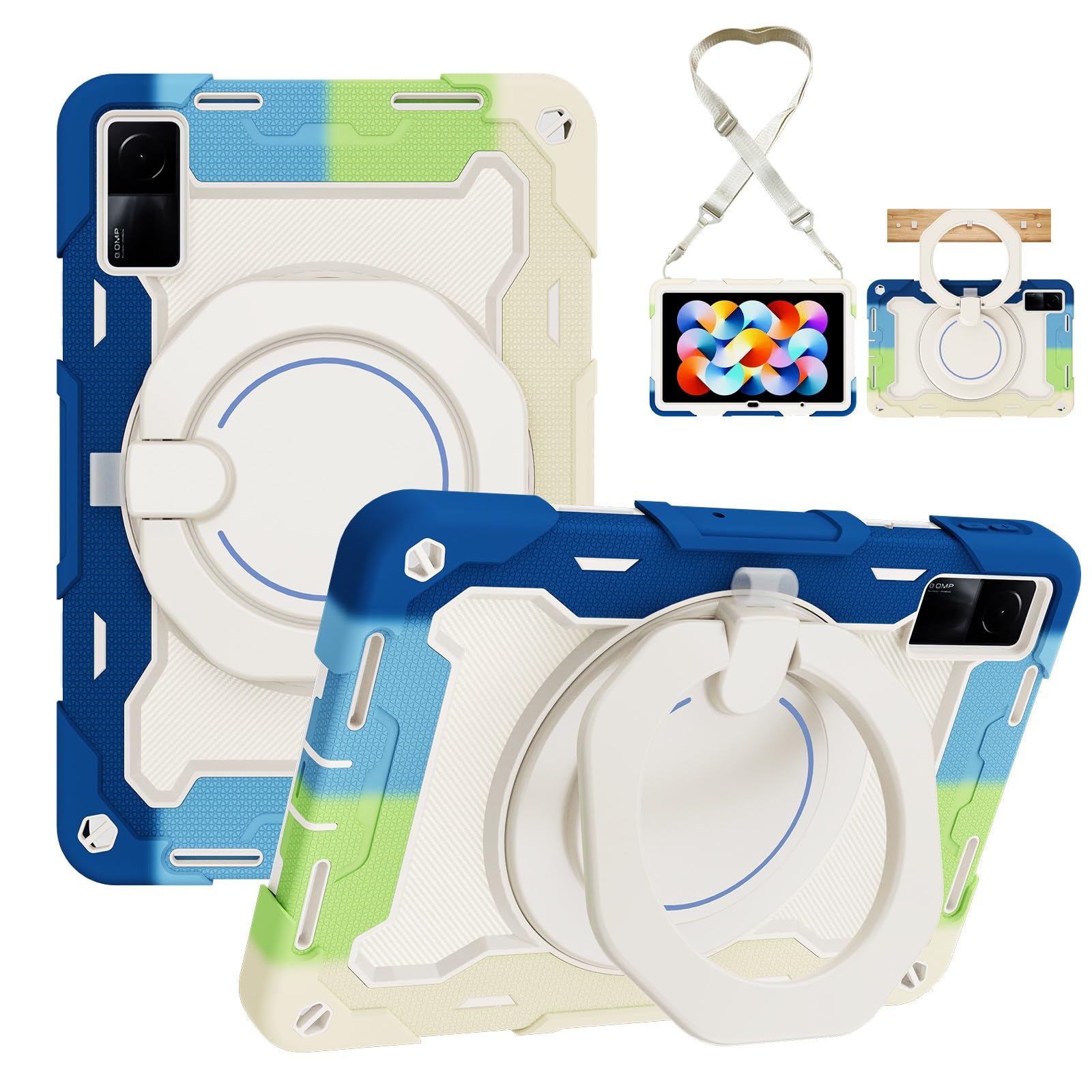 Custodia protettiva resistente per Xiaomi Redmi Pad da 10,6 pollici, supporto girevole a 360°, tracolla, portapenne e anello per impugnatura, copertura antiurto, per bambini e adulti (blu