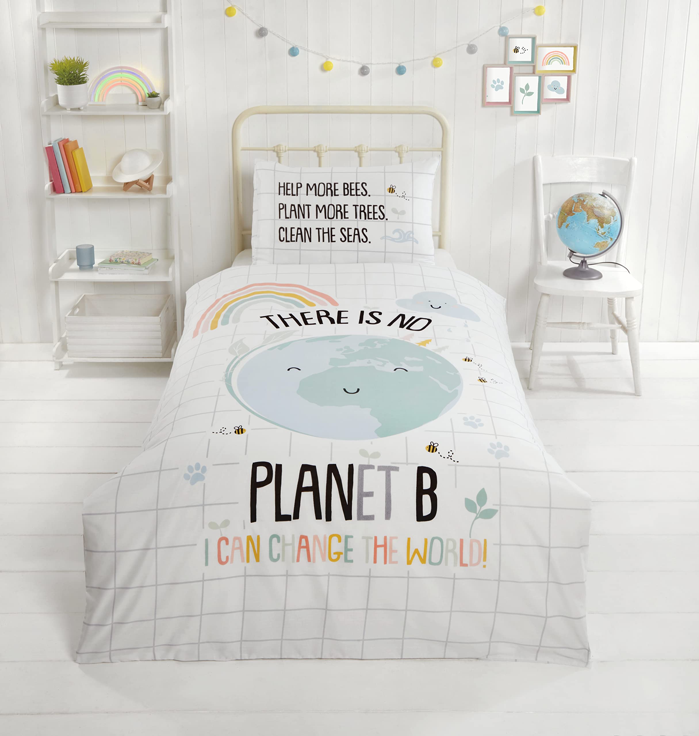 Rapport Home Furnishings Kids' Sustainable Single Bedding Set, Eco-Friendly Reversible Duvet Cover, Easy Care Planet B Design