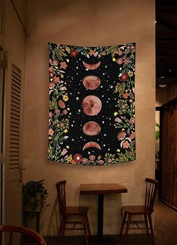 Miniatura 5 de Rexful Tapiz de jardín iluminado por la luna, fase lunar rodeada de plantas y flores, manta negra para colgar en la pared, 44 x 60 pulgadas