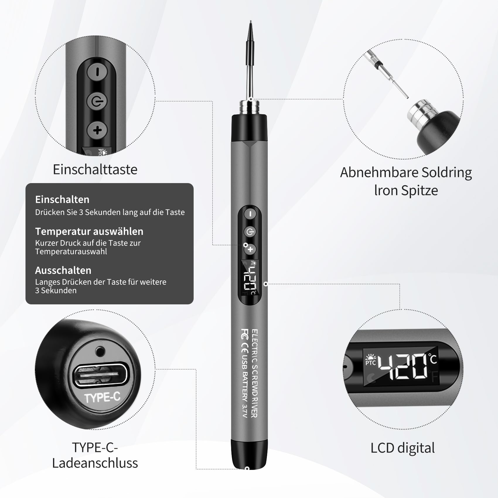 Daakro - Kit de soldador inalámbrico USB con temperatura ajustable, 3 fallas de soldadura, alambre de soldadura, pasta de soldadura, kit de soldadura para trabajos eléctricos (gris)