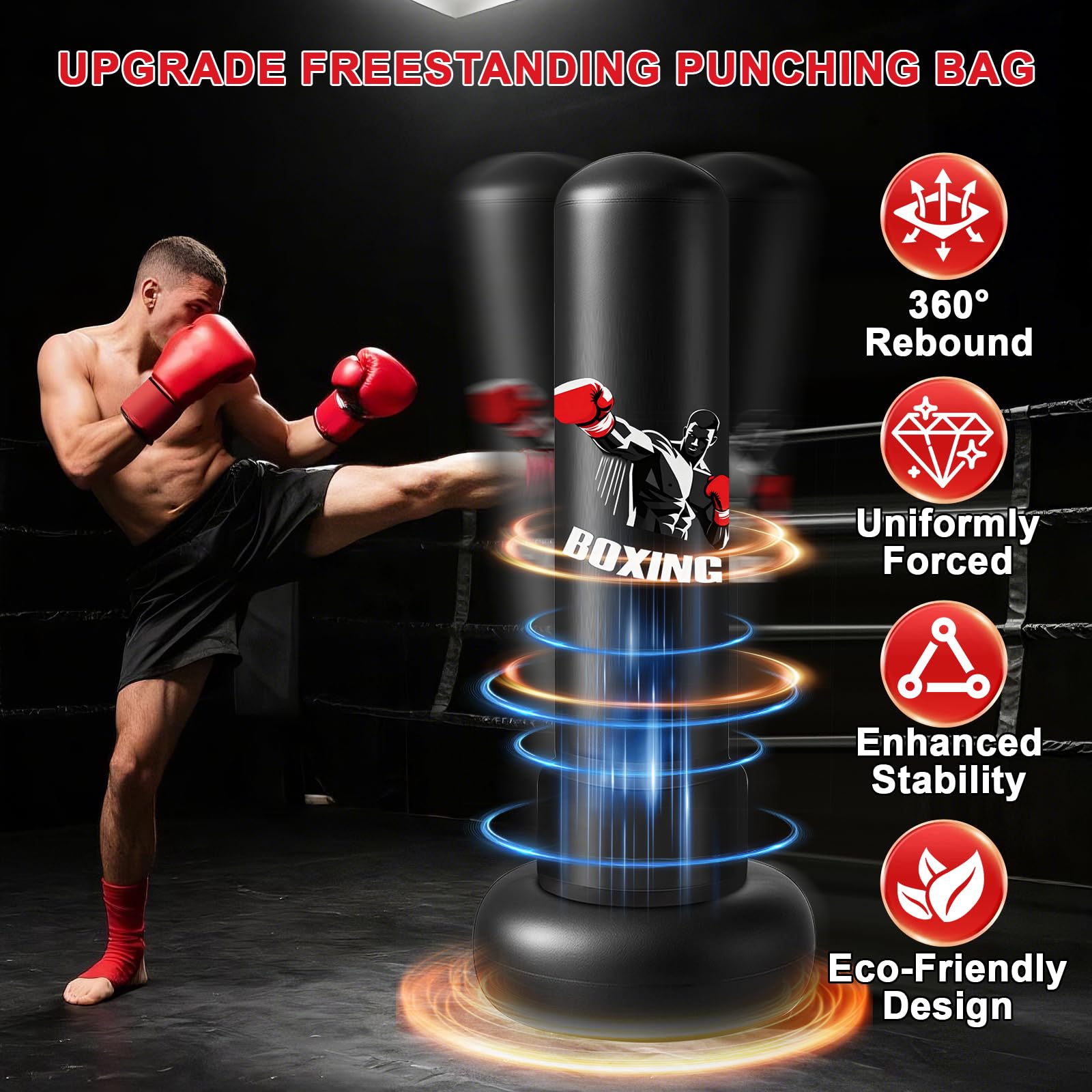 Ninonly Saco de Boxeo para Adultos 190cm Saco de Boxeo Inflable Pesado con Guantes de Boxeo, Bomba y Pelota de Reflejos,Base Grande Mejorado para Hombres y Mujeres,Entrenamiento MMA Muay Thai Fitness