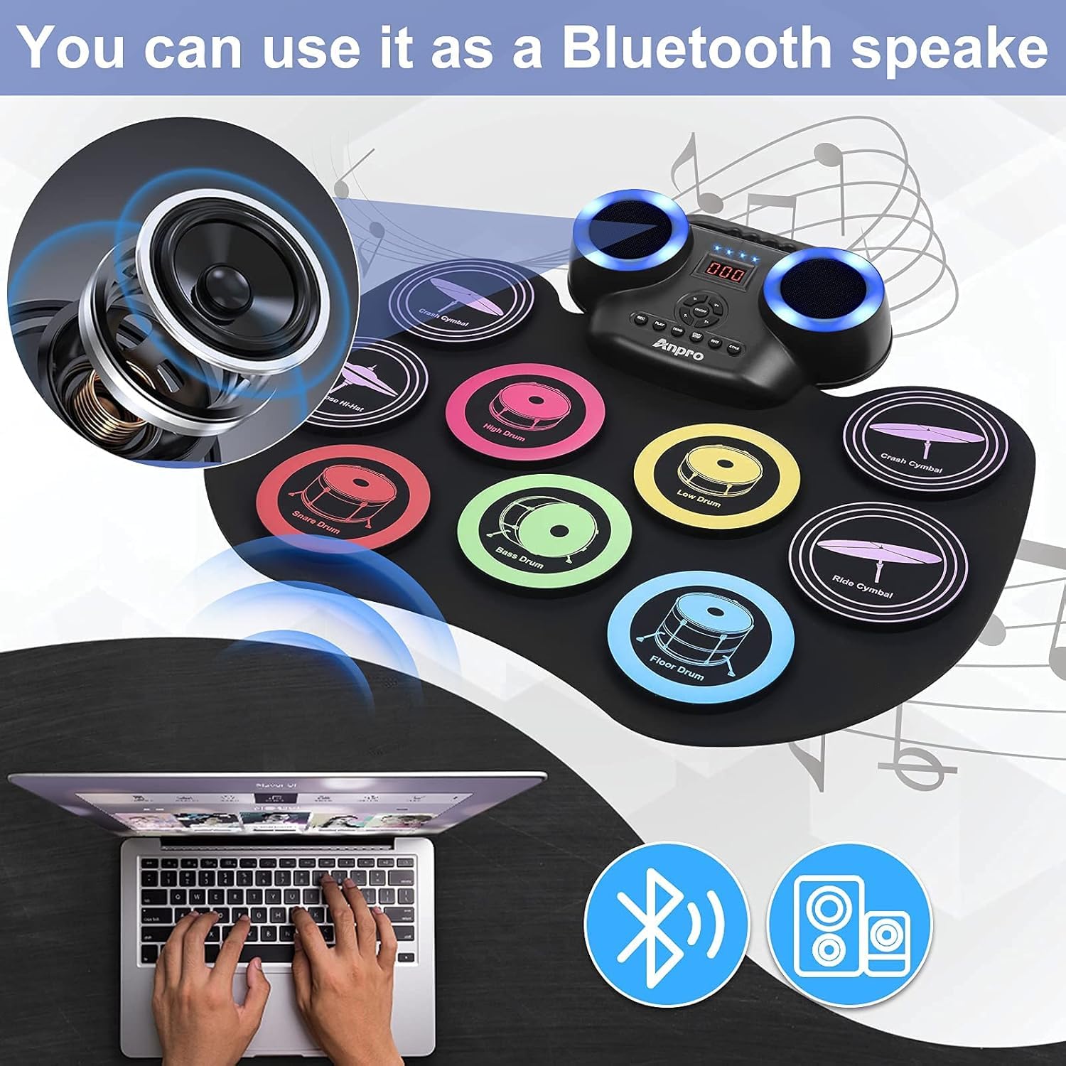 Anpro Batteria Elettronica Digitale Tamburo Set, 9 Drum Pads con 2 Bacchette Pedali, Schermo LED, Portatile Pieghevole