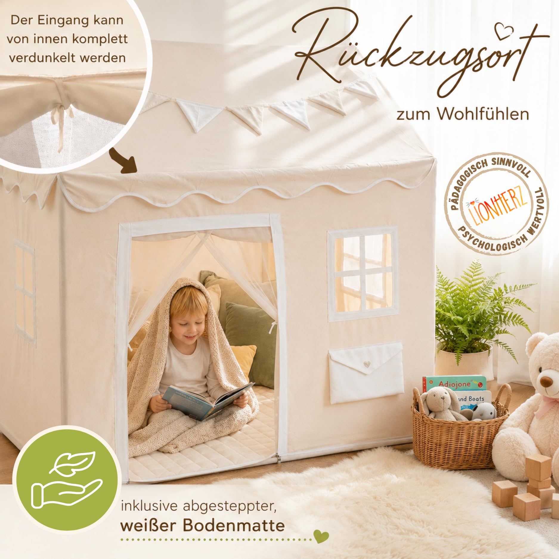 LIONHERZ La casa de juegos original con buzón para niños, tienda de juegos para interior con alfombra y banderines, casa de juegos con 3 ventanas y cortina opaca para puerta, tienda de campaña para