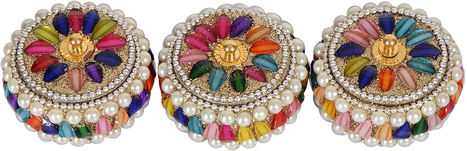 SM CreationsDecorative Jewelry Box (6 cm x 6 cm x 3 CM Pack of 3pc) Decorative Vanity Box, Sindoor Dabbi, Kumkum Dani, Handicraft box (Silver)(Multicolor)