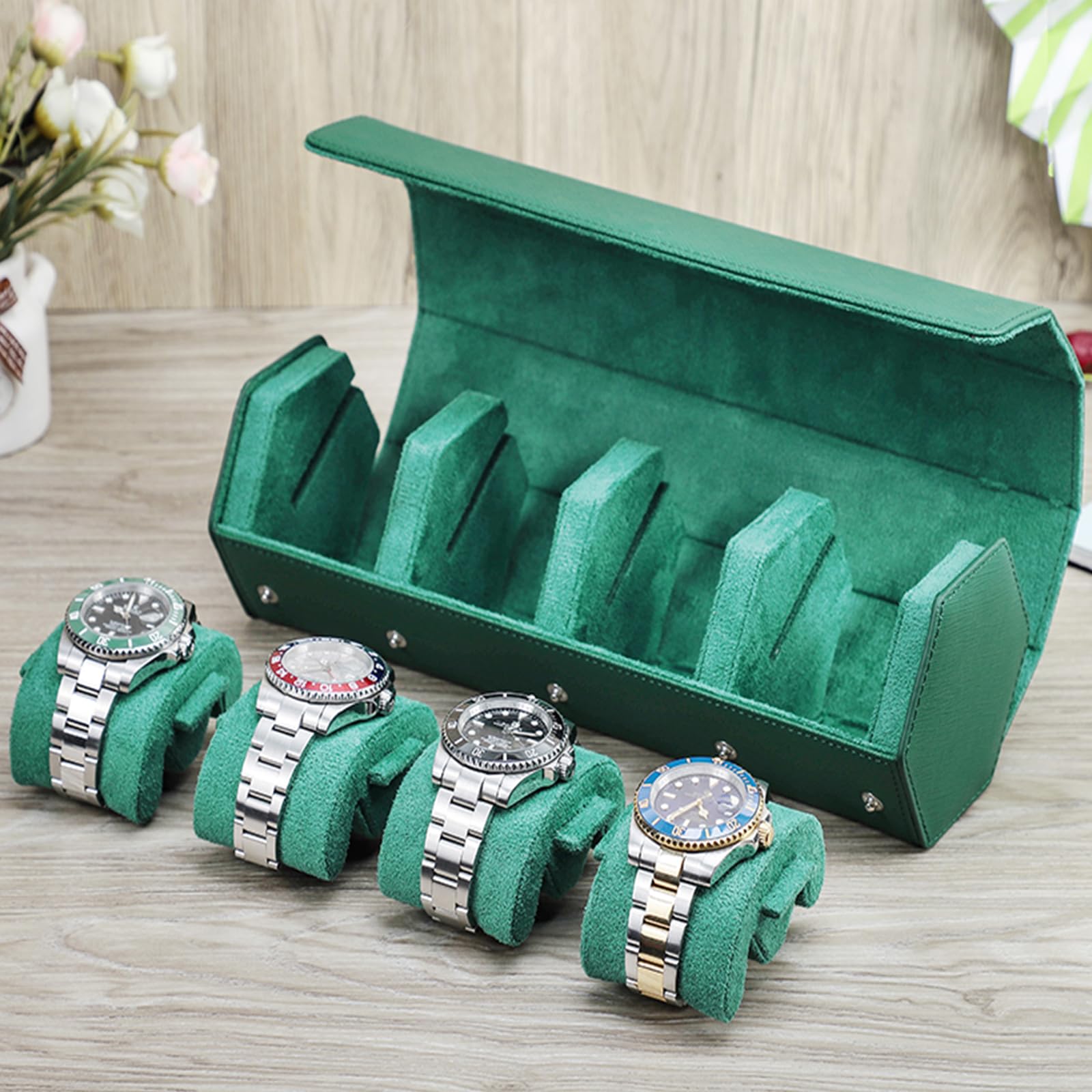Hiram Custodia a rullo per orologi, in vera pelle, esagonale, per 4 orologi, custodia da viaggio per orologi, organizer protettivo per orologi da polso (personalizzata)