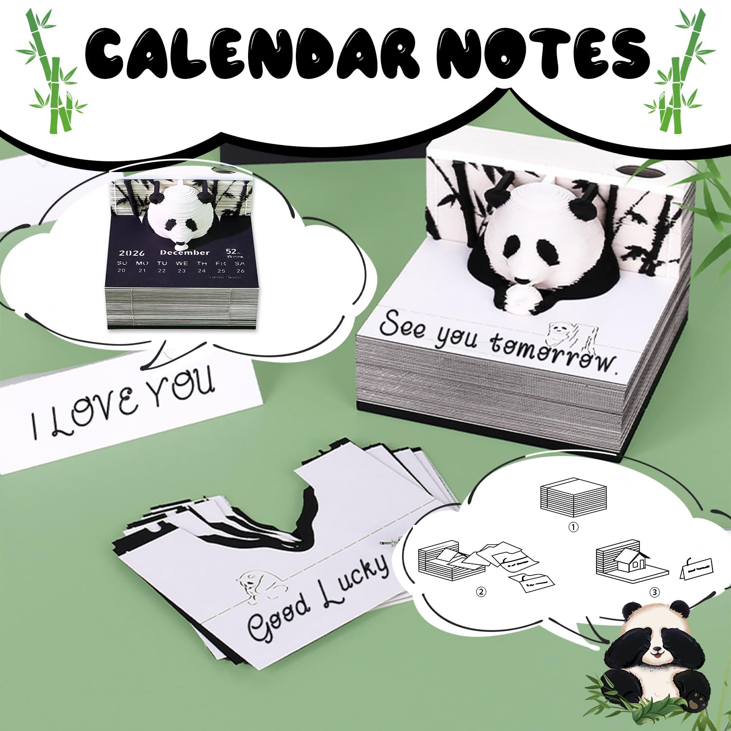 AVCXEC 3D Abreißkalender 2026 Mit Panda-Design - Wochenkalender & Memo-Pad Für Den Schreibtisch