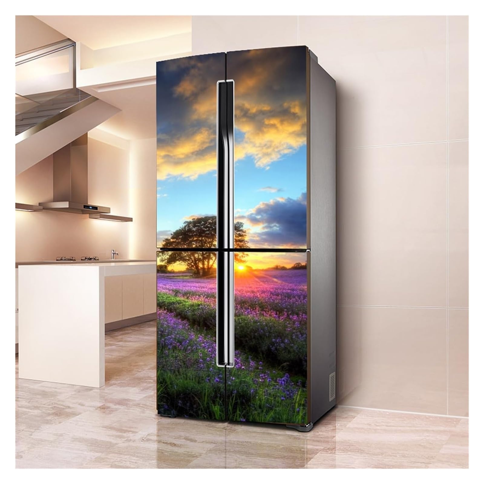 GDHKDDFL Minimalist, luxury-inspired fridge decals, Freezer Skins Wall Stickers for Kitchen Decal, Purple Lavender Sunset Scenery(L: 100x180 cm)