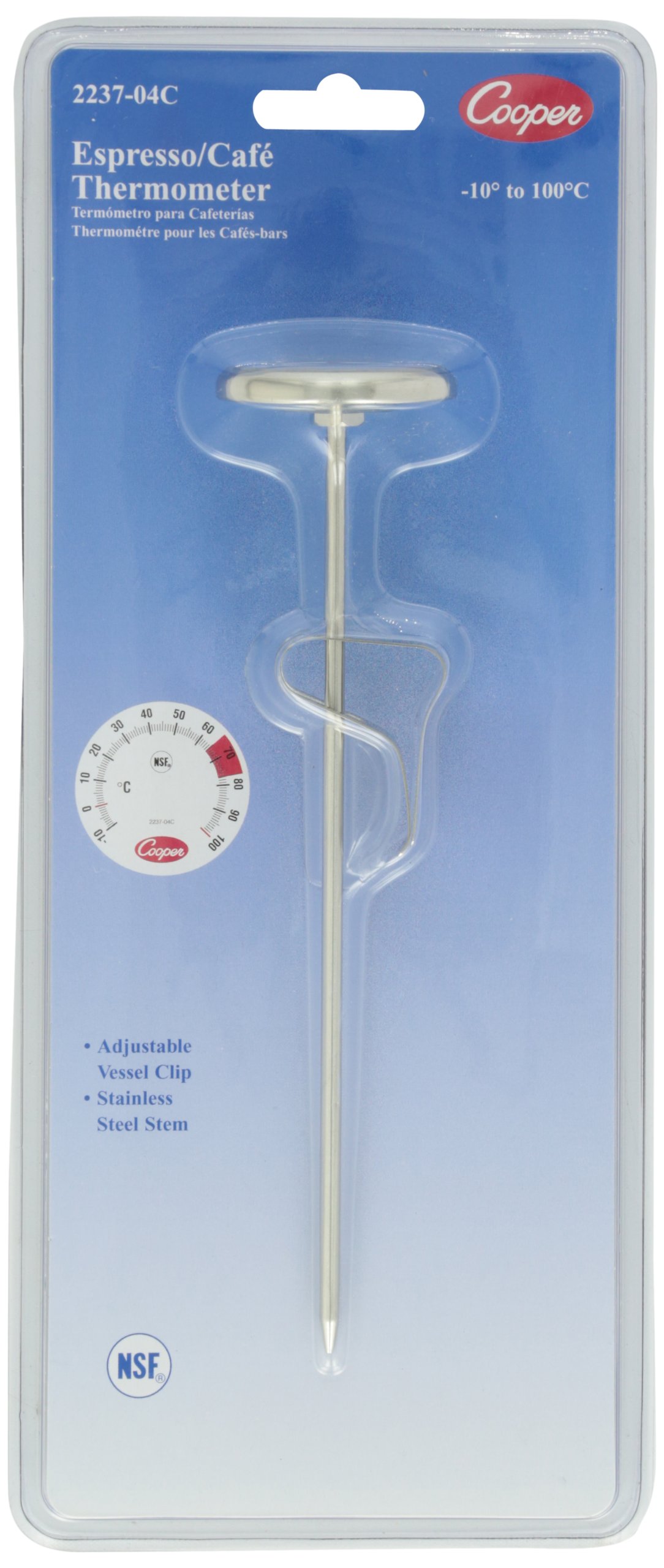 Cooper-Atkins 2237-04-8 Stainless Steel Bi-Metal Espresso Milk Frothing Test Thermometer, -10 to 100 degrees F Temperature Range