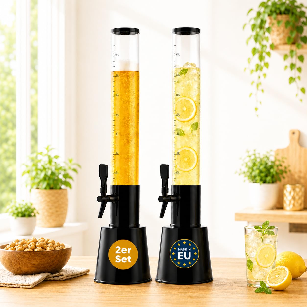 HLKauf Biersäule 3L Trinksäule 2er Set Party Bier Zapfsäule Getränkesäule mit Zapfhahn XXL Getränkespender & HLKauf-Block