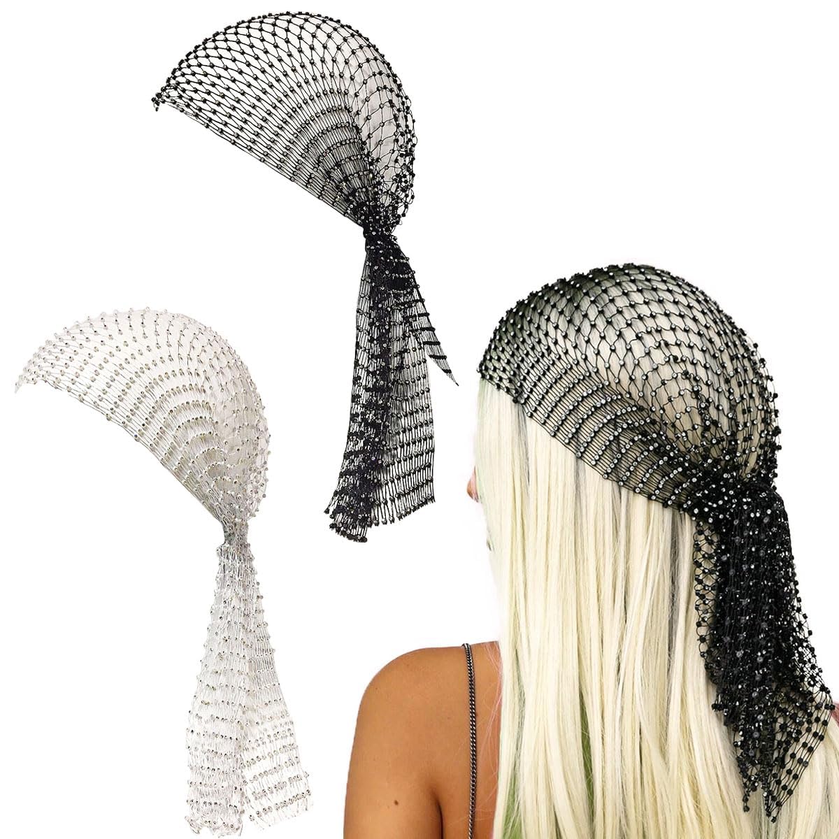 Black Rhinestone Mesh Headband – Sparkly Crystal Stretchy Headwrap, Glitter Hollow Out Hair Accessory for Women Nightclub Rave Party Daily Wear-image-40