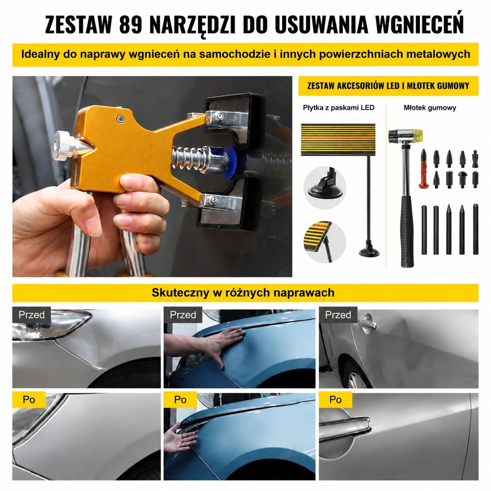 Zestaw do naprawy wgnieceń samochodowych 89 elementów z wyciągaczem, mostkiem, młotkiem ślizgowym, pistoletem do kleju, panelem LED, gumą, aluminium i plastikiem do metalowych powierzchni