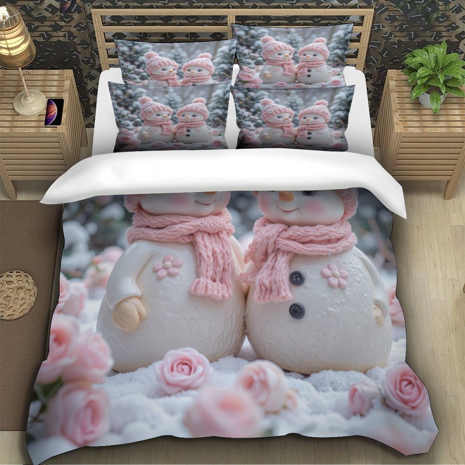 Winter Schneemann 3D Print Bettbezug Microfaser Schlafzimmer Deko Pärchen Schnee Bettwäsche Set Hautfreundlich Atmungsaktiv für Erwachsene Super King（260x220cm）