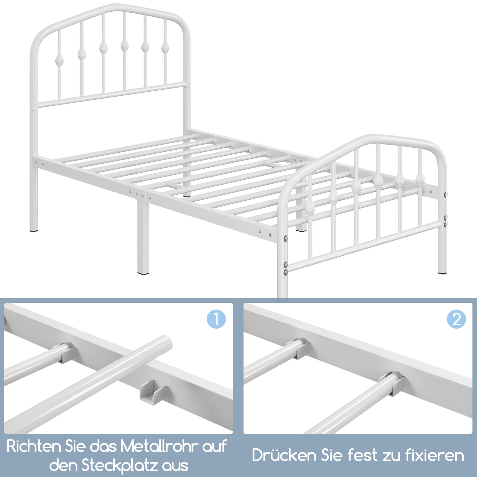 Yaheetech Rama łóżka 90 x 190 cm, metalowe łóżko w stylu vintage z zagłówkiem w kształcie korony, stabilna rama łóżka pojedyncze z metalu, wytrzymałe i łatwe w montażu, łóżko dla gości, łóżko